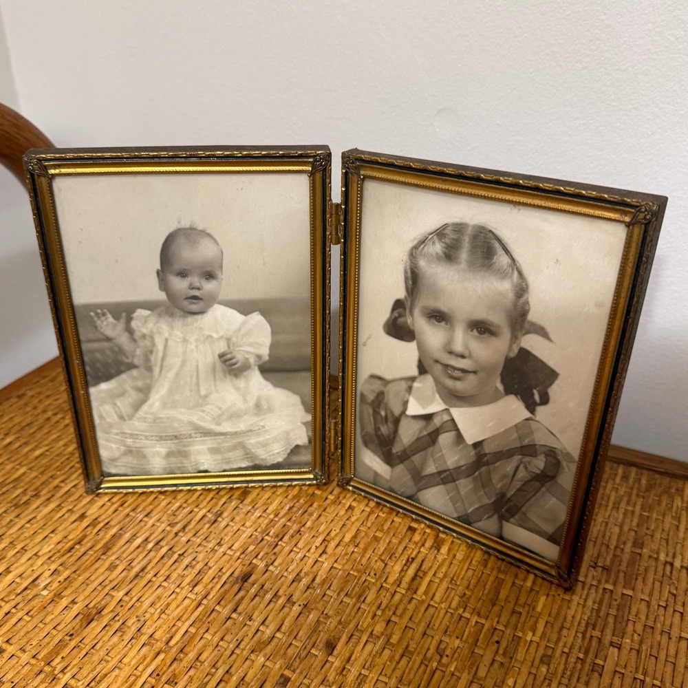 Vintage Brass Ornate Double Picture Frame Hinged 1950s w/ Original Photos